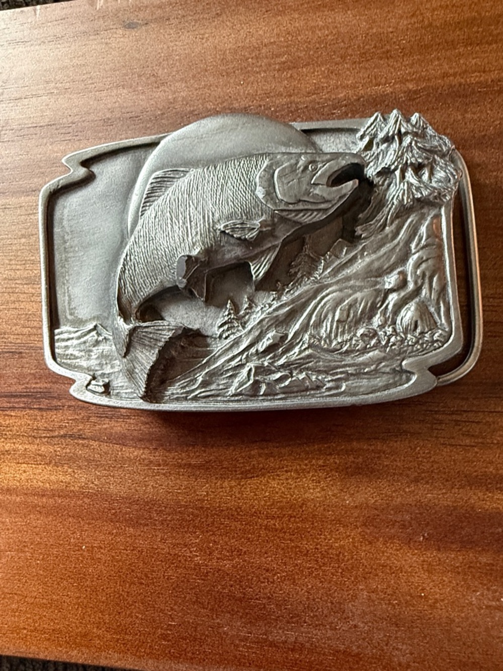 Silver Fish Motif Men's Belt Buckle - Nature Scene